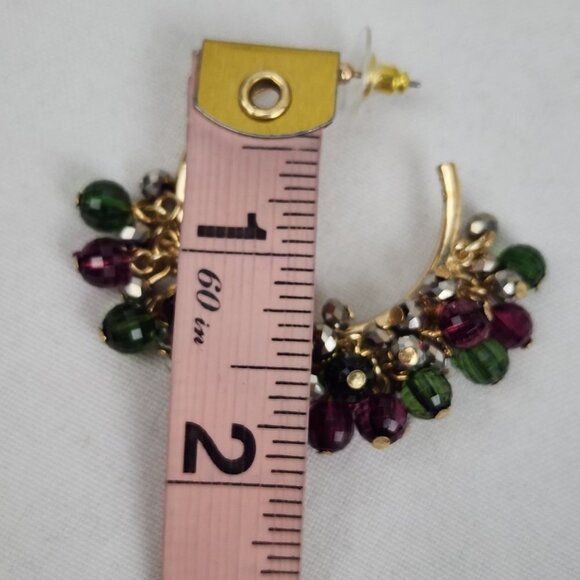 Gold Tone Green & Brown Beaded Drop Hoop Earrings - Picture 3 of 3